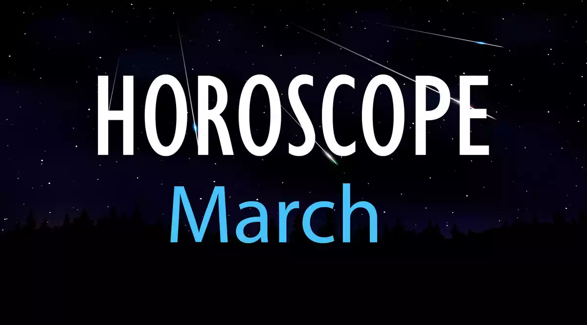 Horoscope March on a sky background with shooting stars