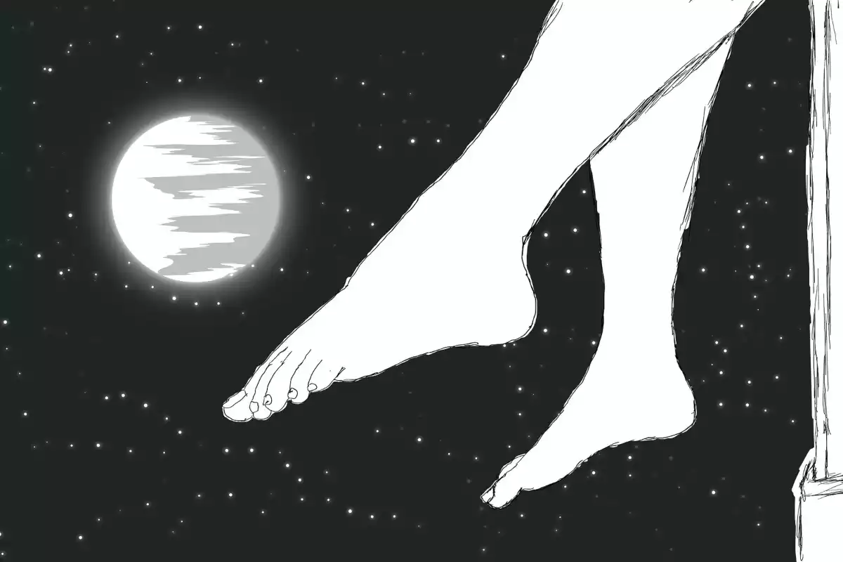 A woman in the middle of the night showing his foots to the moon