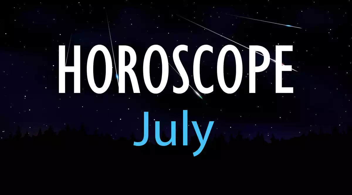 Horoscope July on a sky background with shooting stars