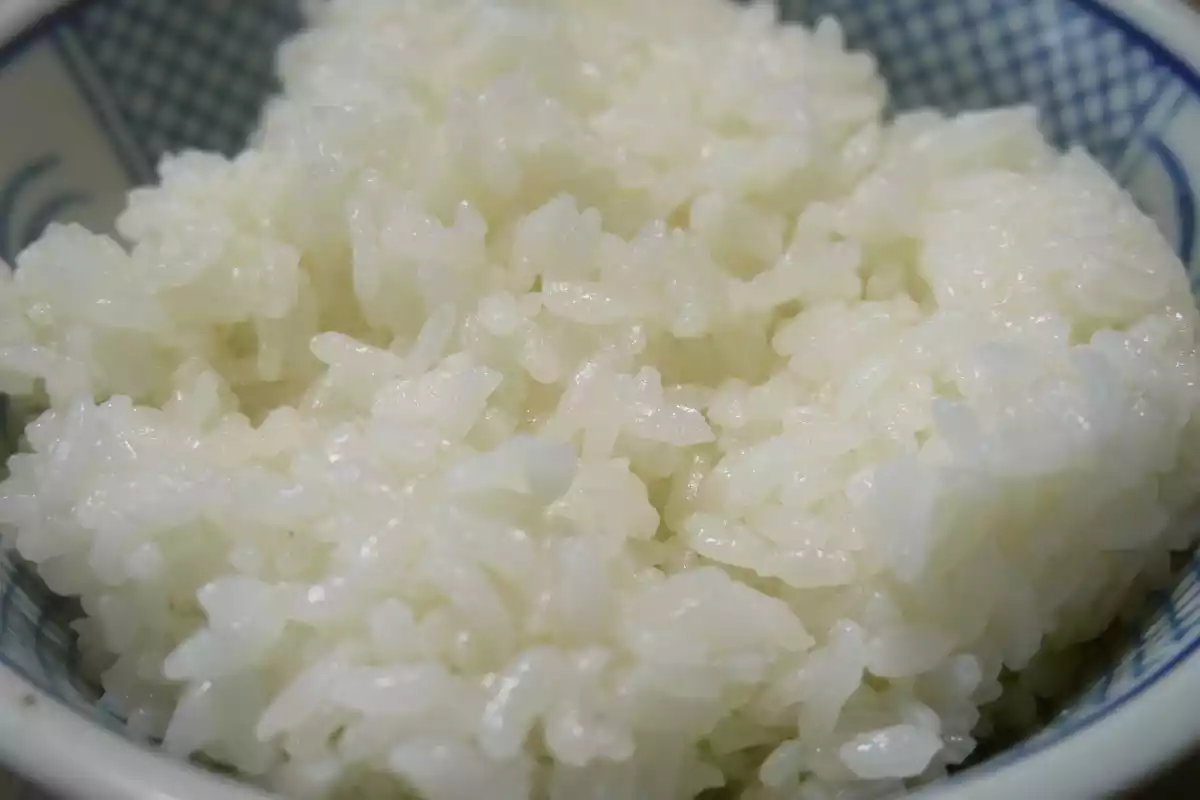 Un plato de arroz blanco cocido y listo para comer