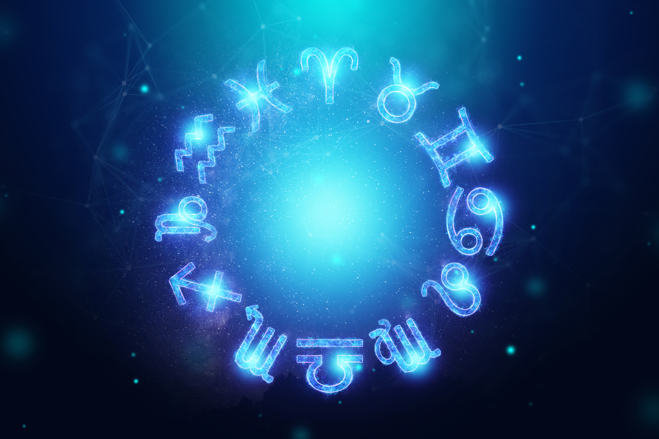 The 12 Zodiac signs in circle around a round illuminated centre